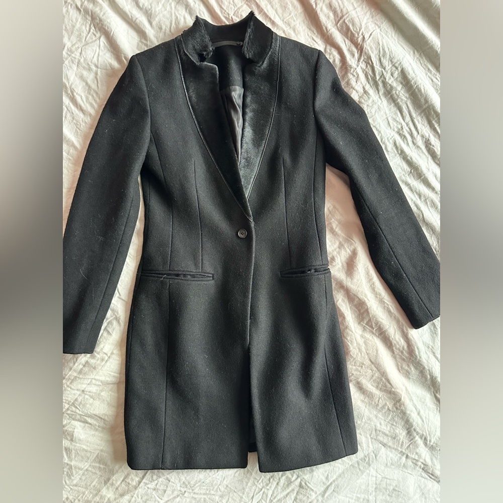 AllSaints Onix Pony Black Wool Coat Tailored Straight Coat Leather Trim Size 2 - Picture 1 of 14